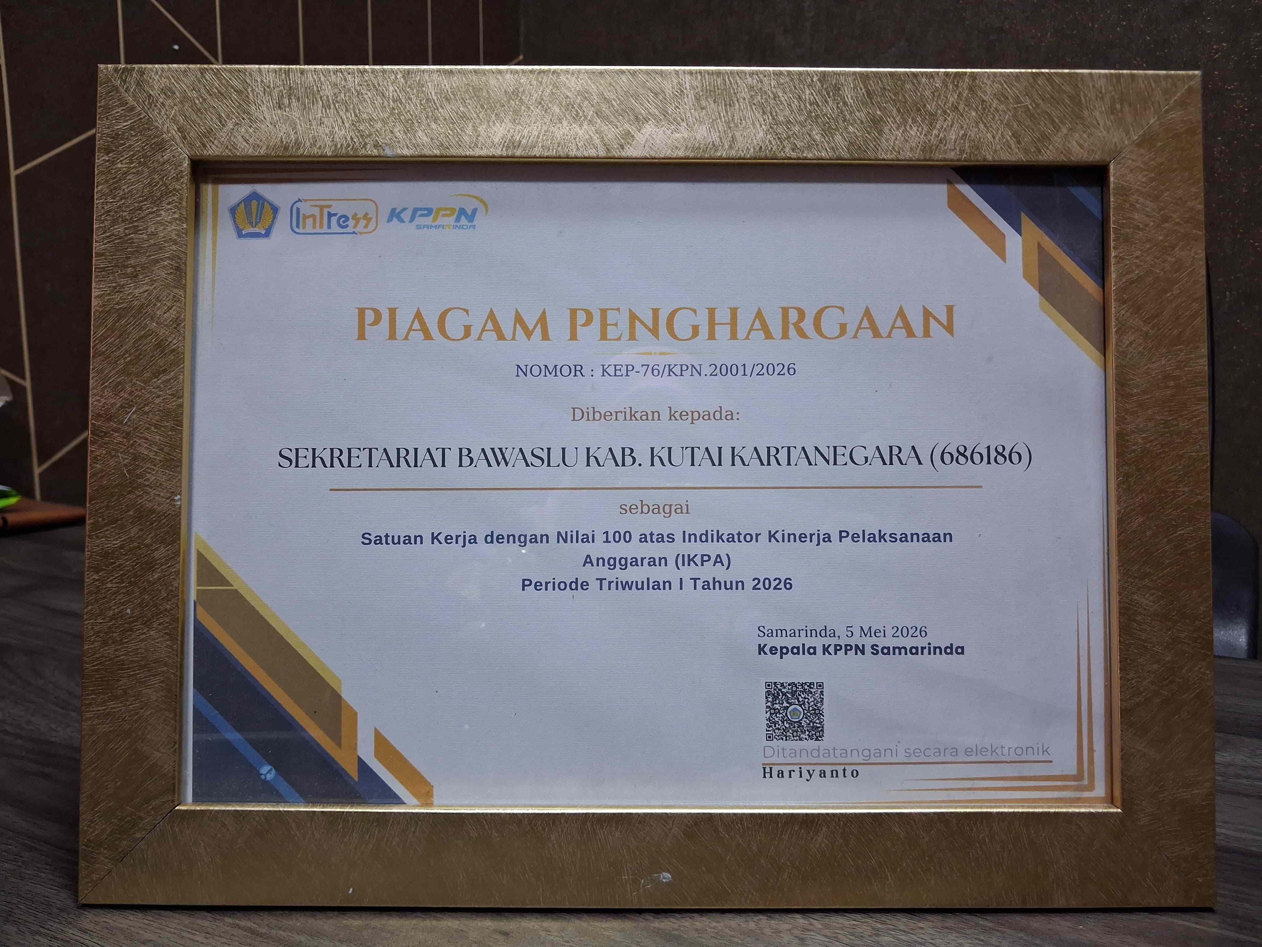 Bawaslu Kukar Raih Penghargaan IKPA 